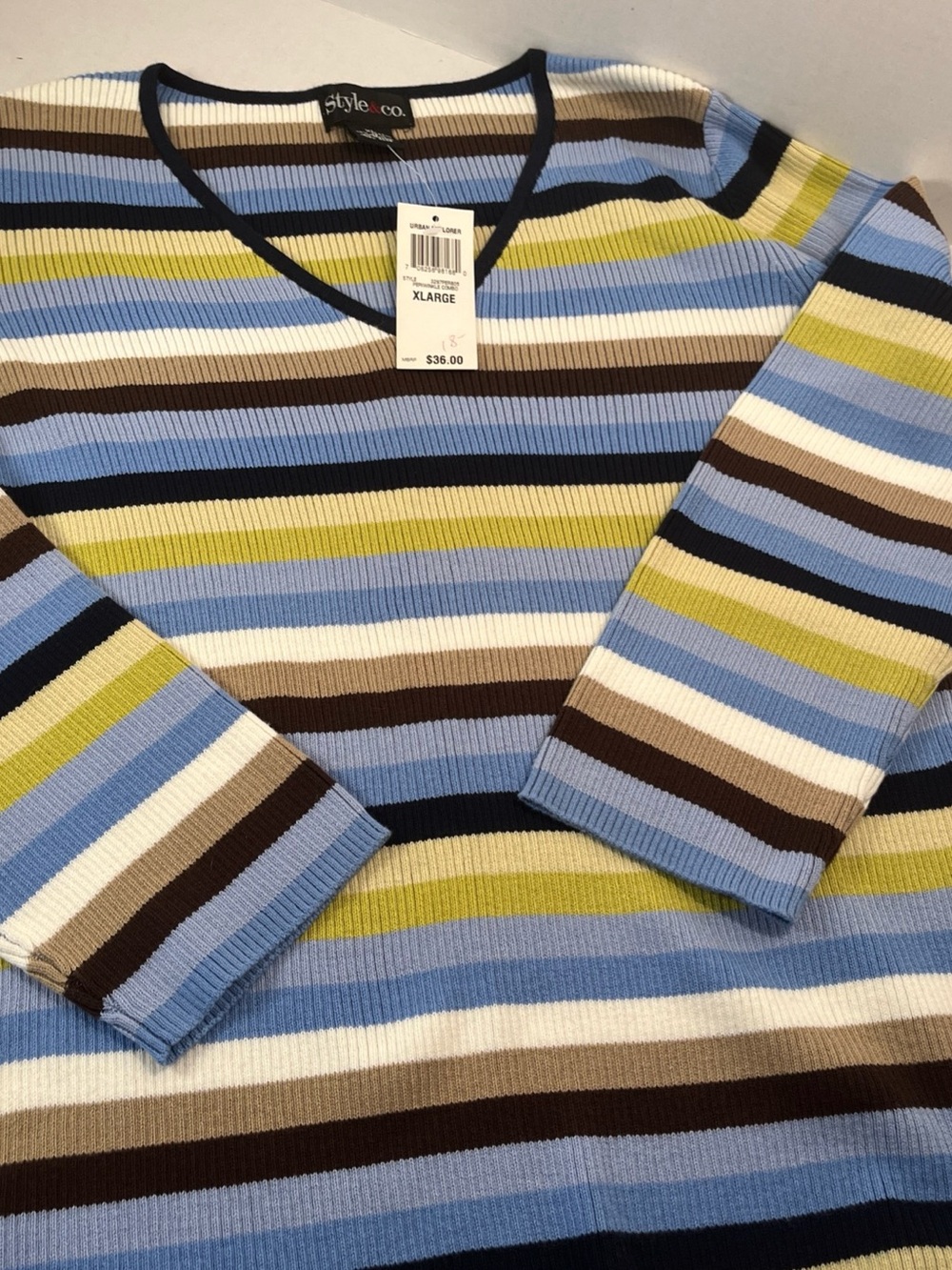 Style & Co. Women's Striped Ribbed V-Neck Sweater in Blue, White, Brown & Green